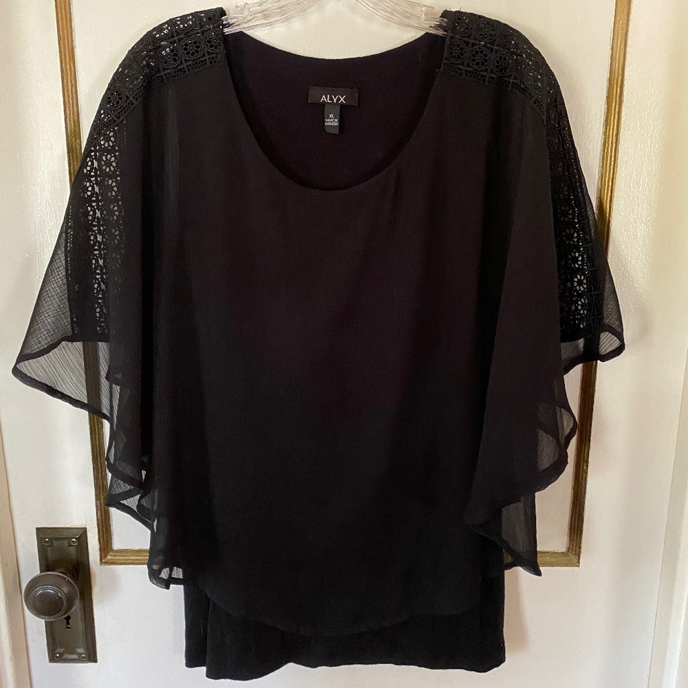 Black Batwing Top with Flowing Sheer Overlay